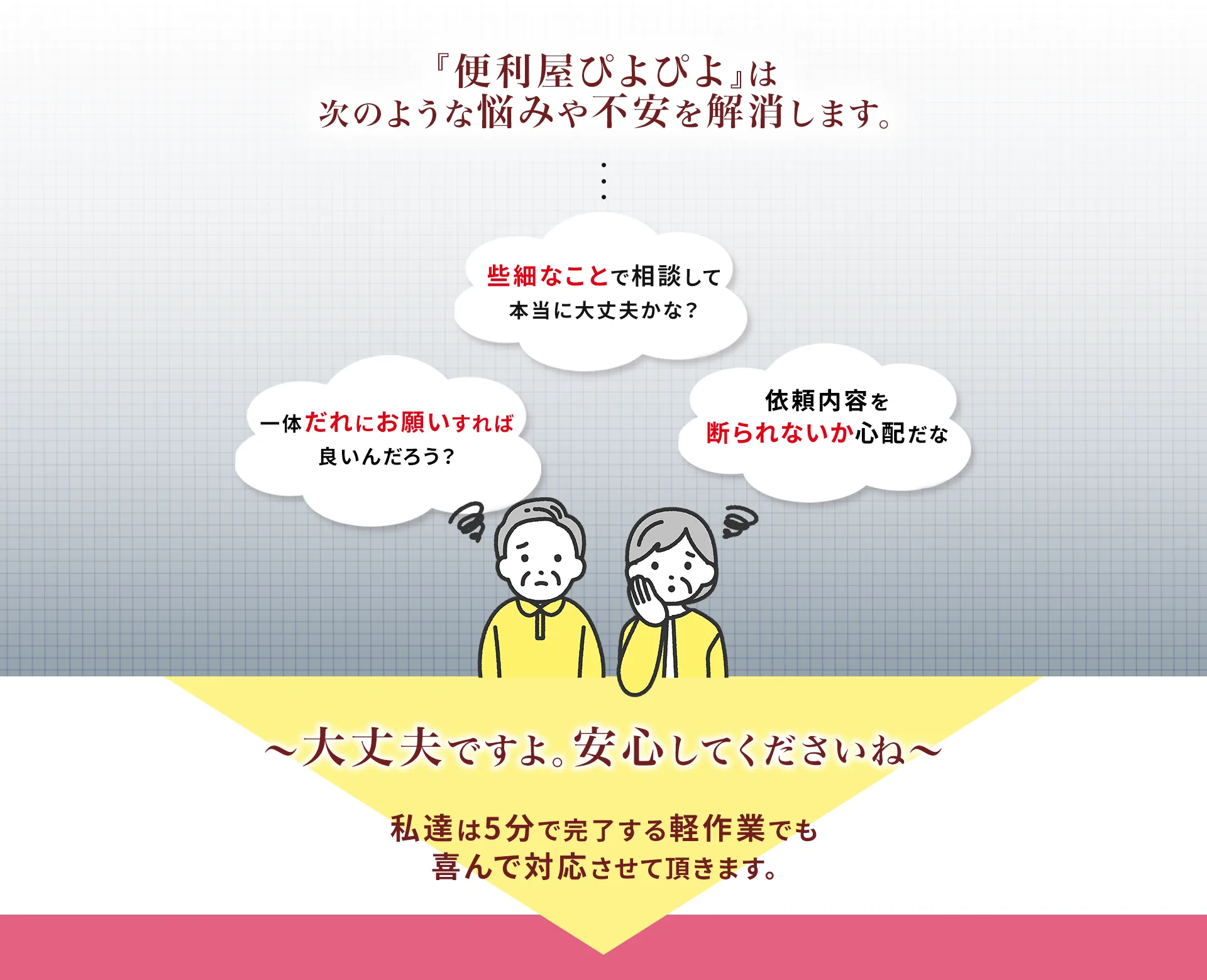 『便利屋ぴよぴよ』は次のような悩みや不安を解消します。～大丈夫ですよ。安心してくださいね～ 私達は5分で完了する軽作業でも喜んで対応させて頂きます。